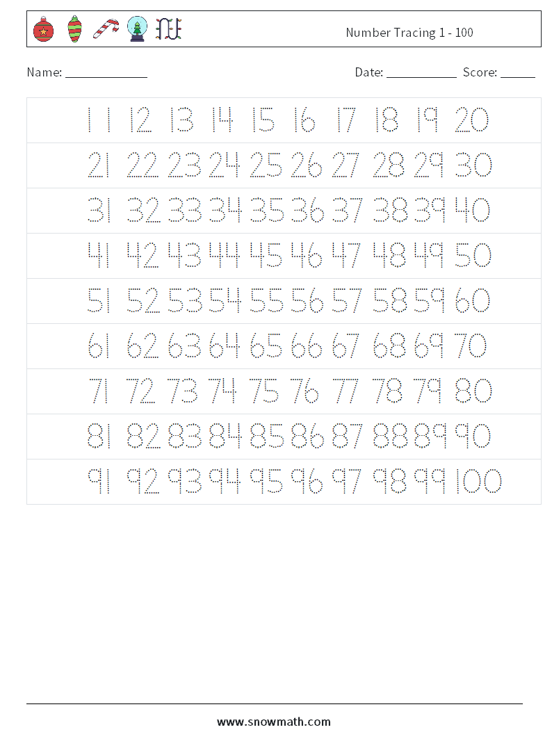 Number Tracing 1 - 100 Math Worksheets 21