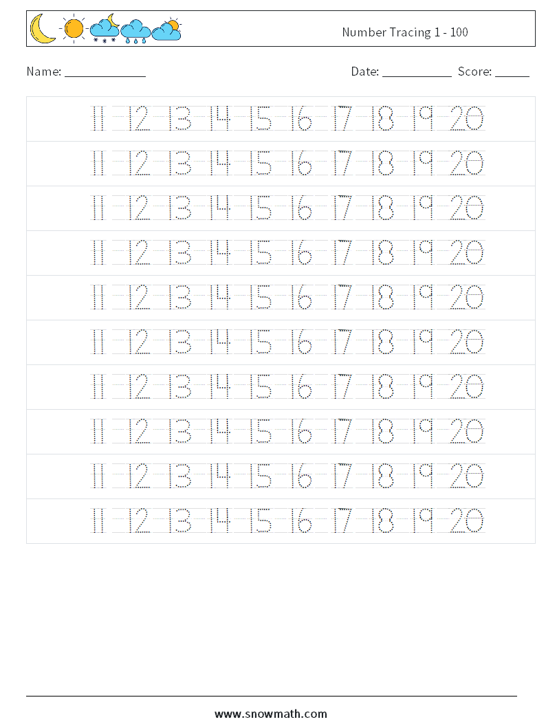 Number Tracing 1 - 100 Math Worksheets 24