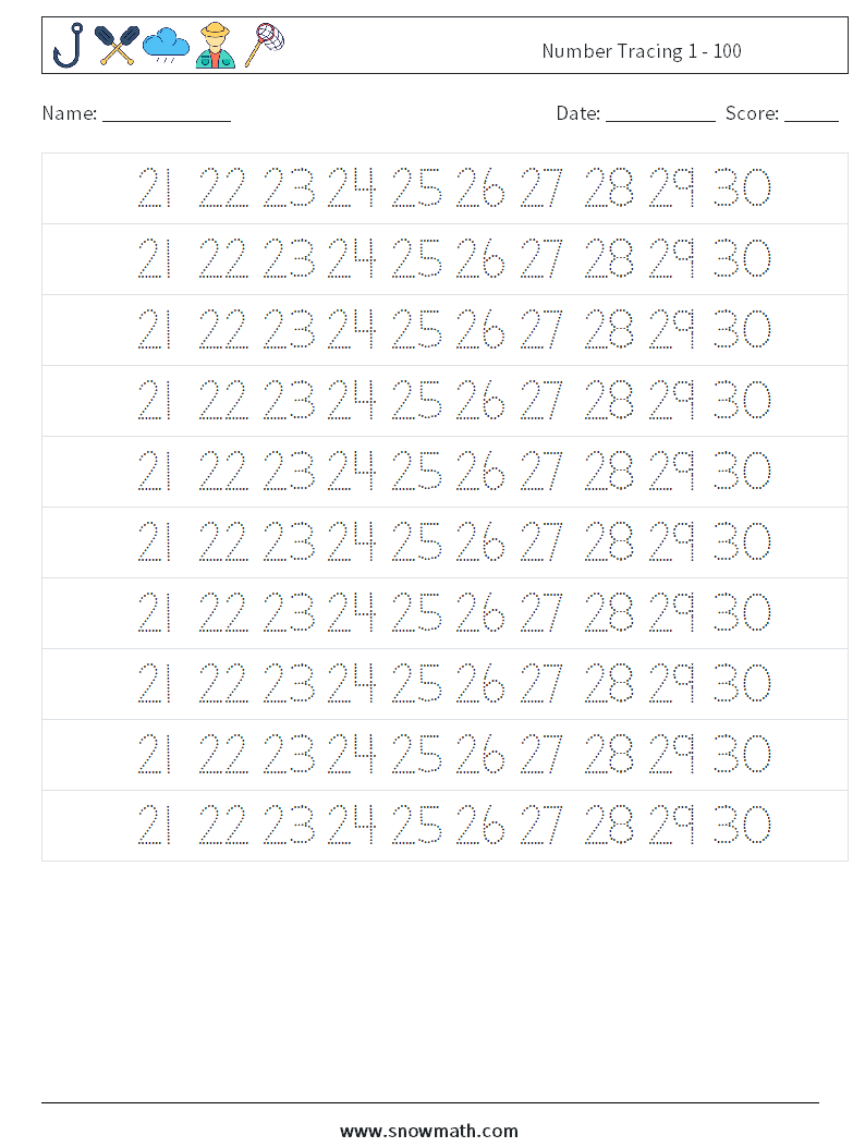 Number Tracing 1 - 100 Math Worksheets 25