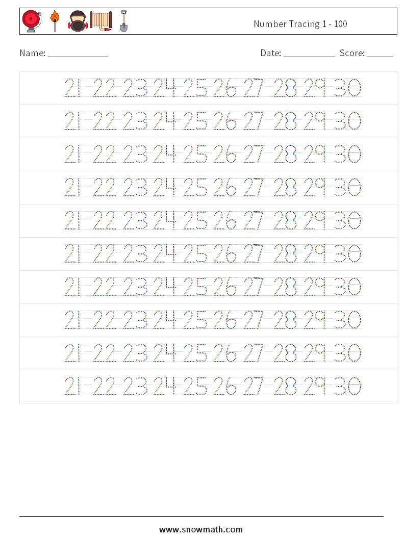 Number Tracing 1 - 100 Math Worksheets 26