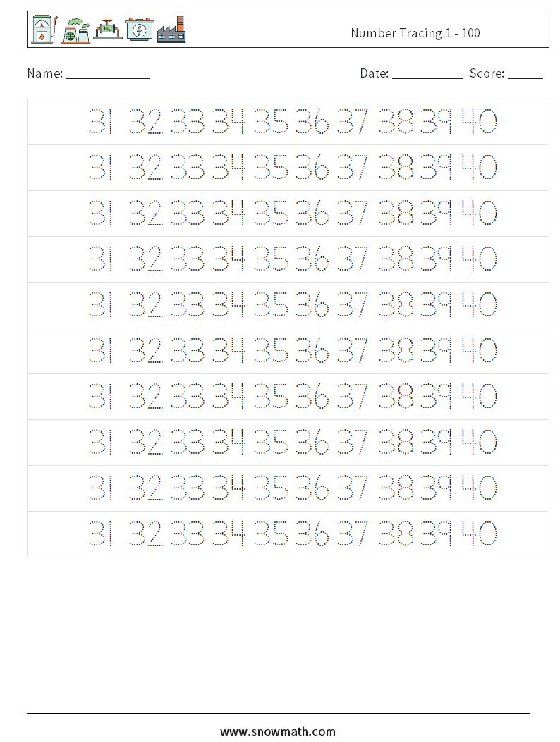 Number Tracing 1 - 100 Math Worksheets 27