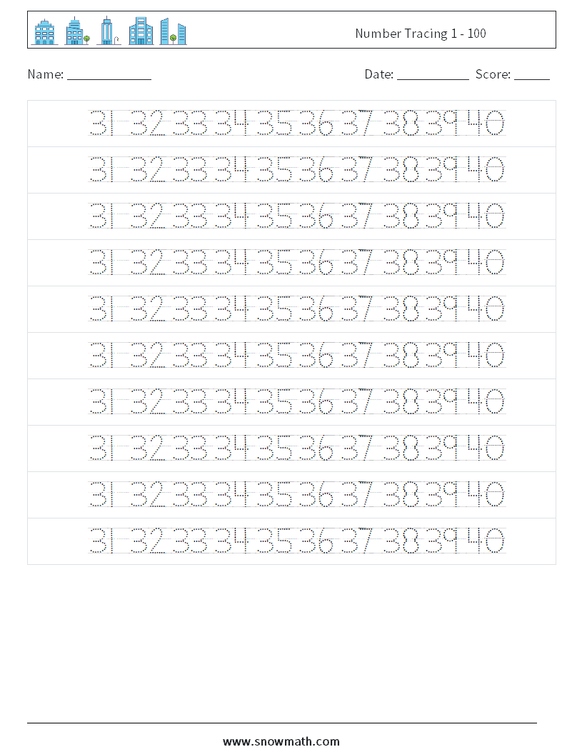 Number Tracing 1 - 100 Math Worksheets 28