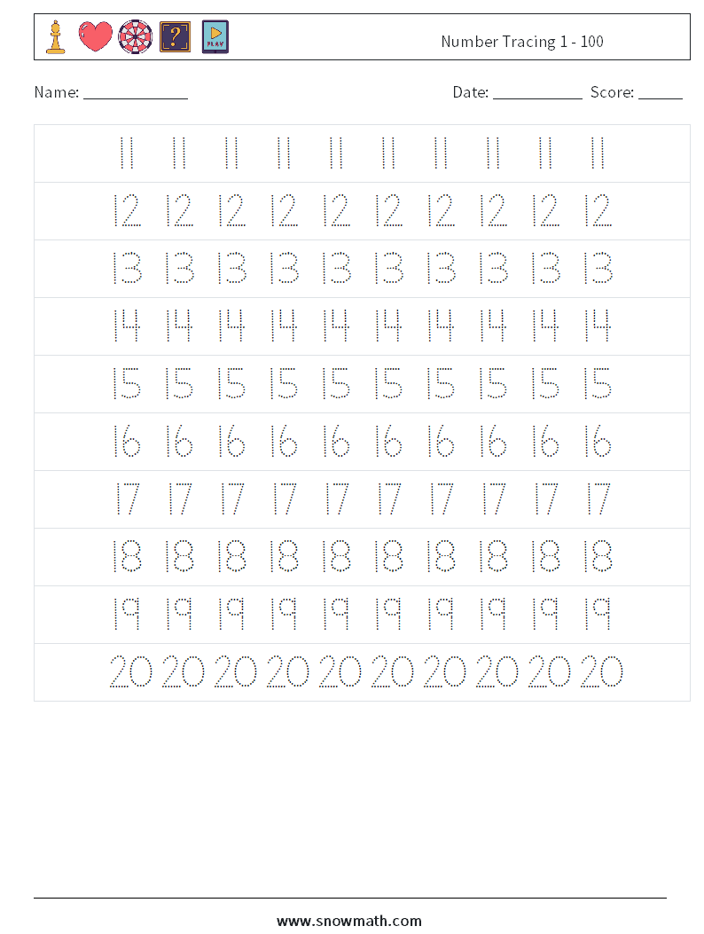 Number Tracing 1 - 100 Math Worksheets 3