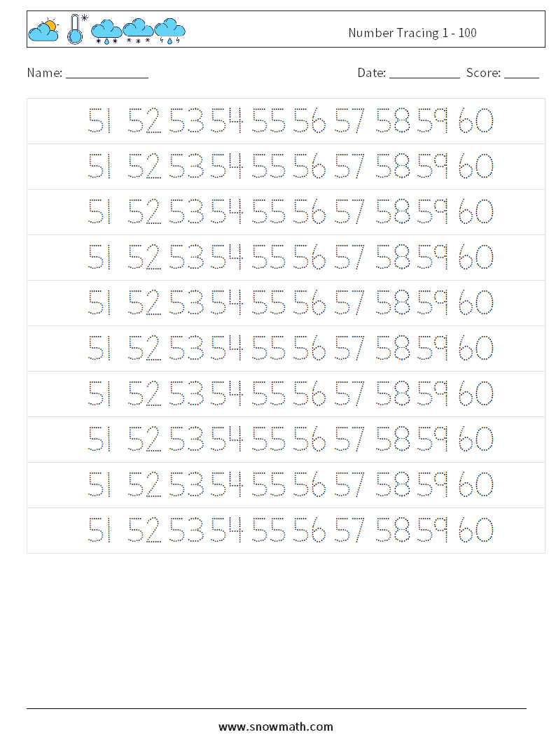 Number Tracing 1 - 100 Math Worksheets 31