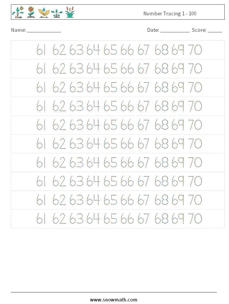 Number Tracing 1 - 100 Math Worksheets 33