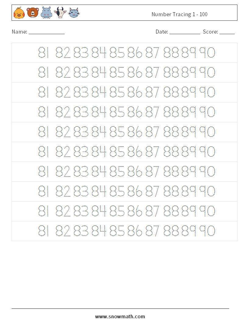 Number Tracing 1 - 100 Math Worksheets 37