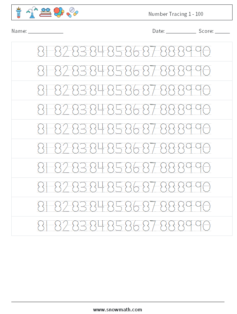 Number Tracing 1 - 100 Math Worksheets 38