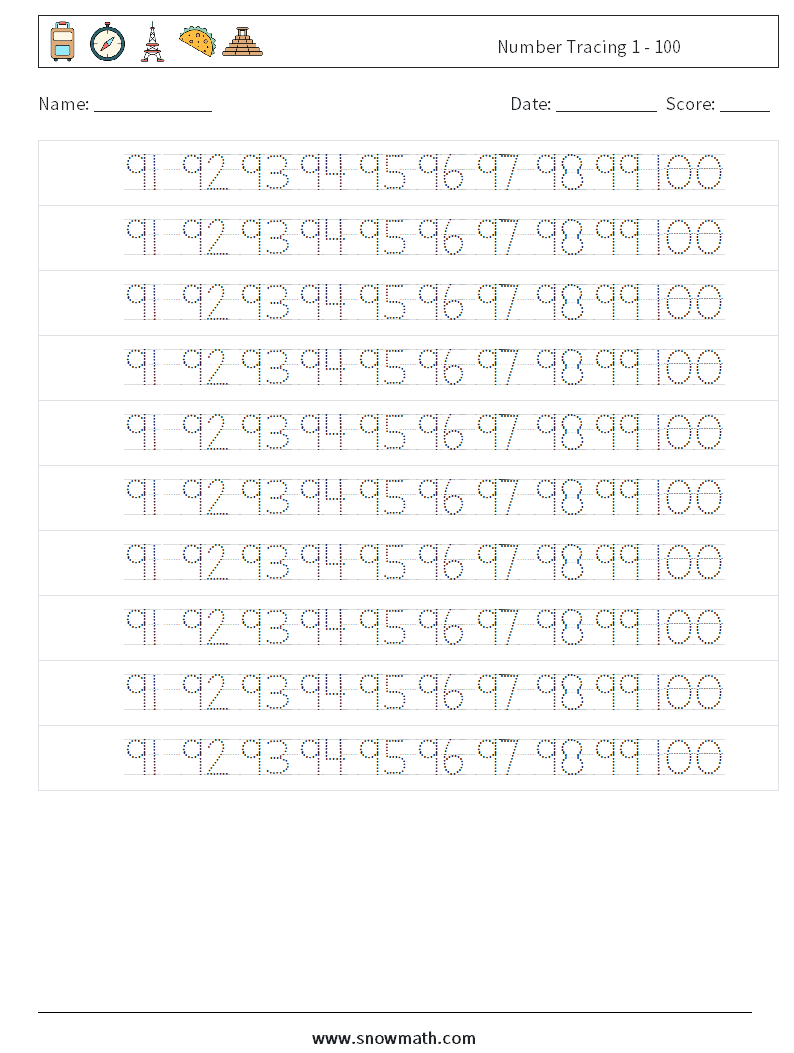 Number Tracing 1 - 100 Math Worksheets 40