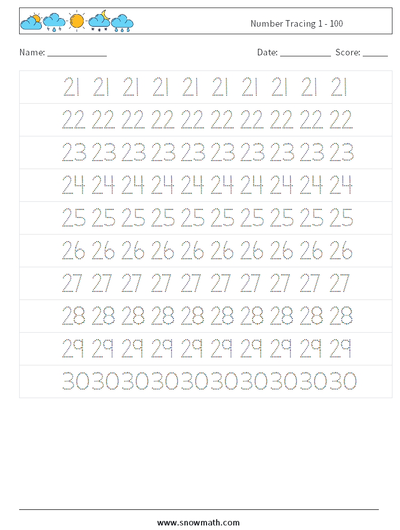 Number Tracing 1 - 100 Math Worksheets 5