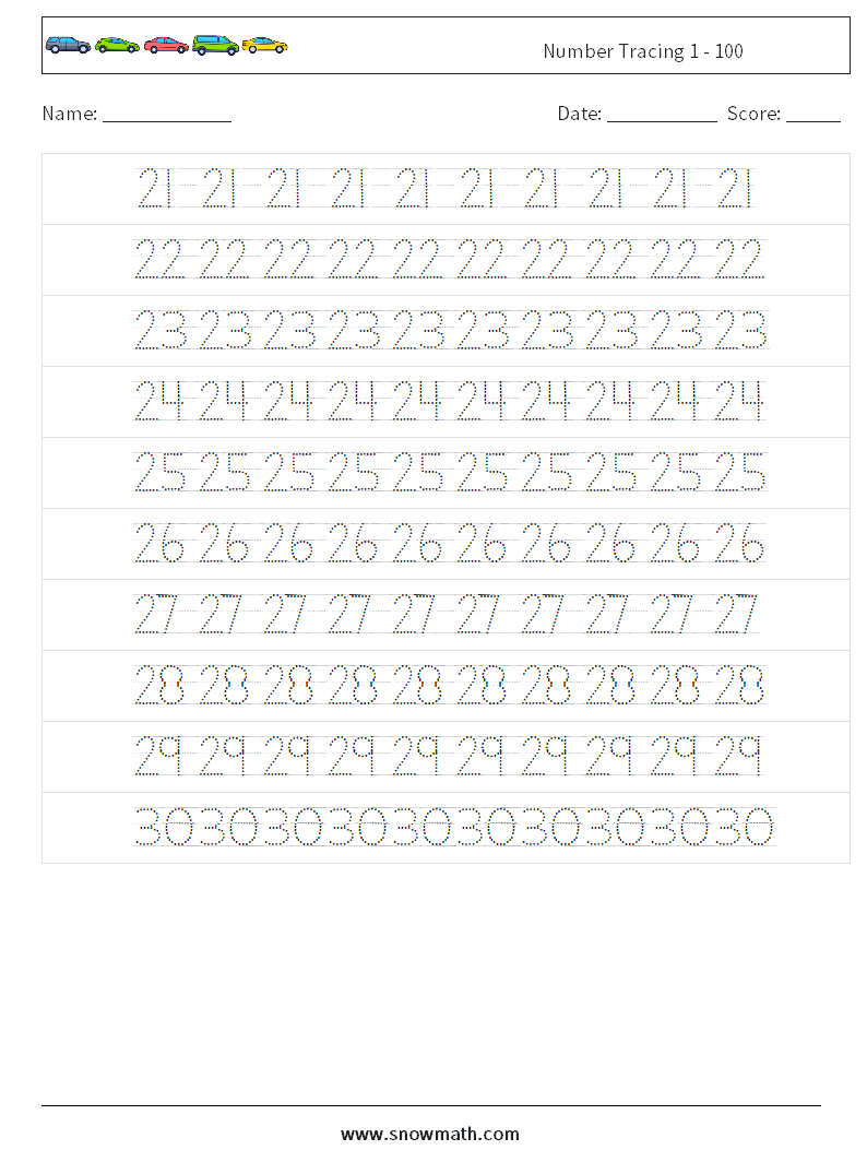 Number Tracing 1 - 100 Math Worksheets 6