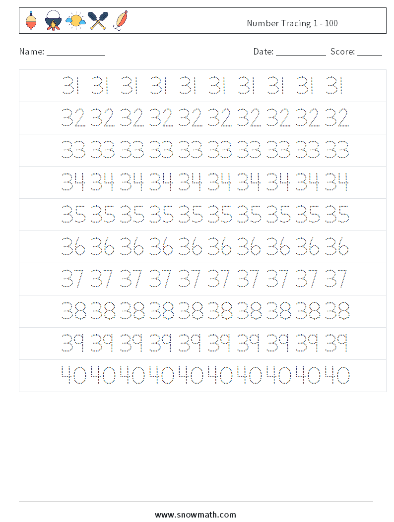 Number Tracing 1 - 100 Math Worksheets 7