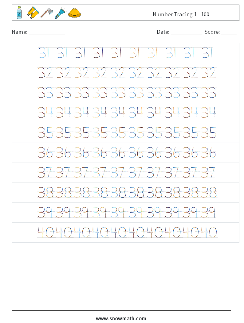 Number Tracing 1 - 100 Math Worksheets 8