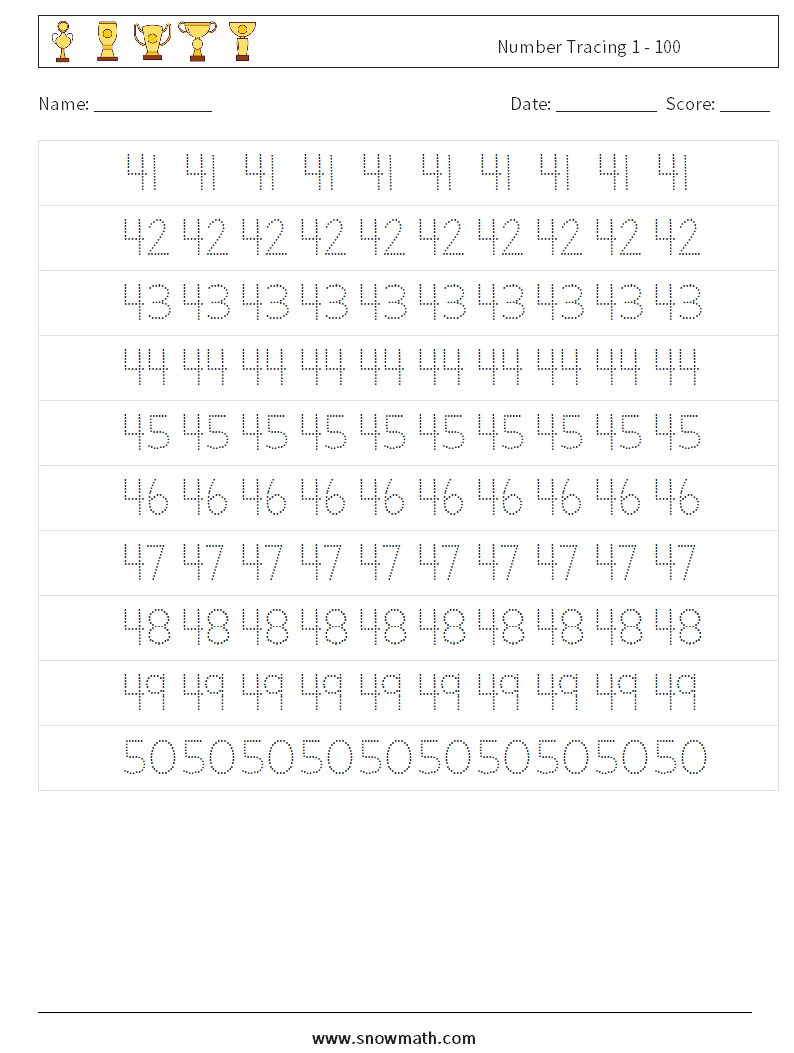 Number Tracing 1 - 100 Math Worksheets 9