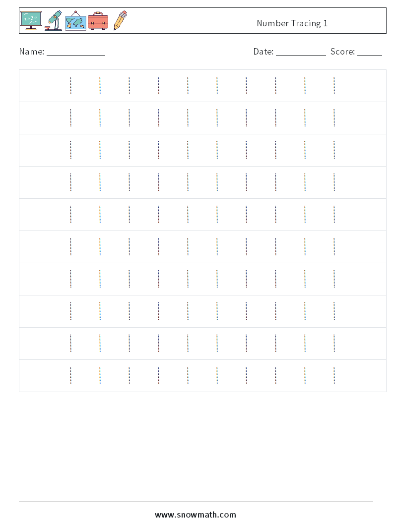 Number Tracing 1 Math Worksheets 2