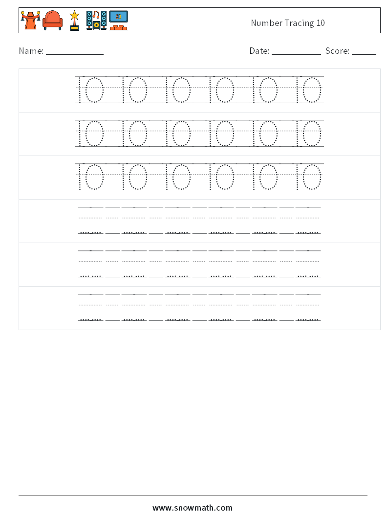 Number Tracing 10 Math Worksheets 20