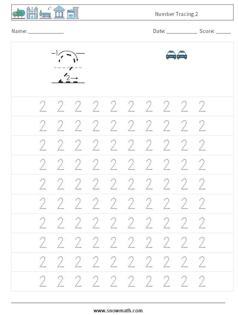 Number Tracing 2 Math Worksheets 1