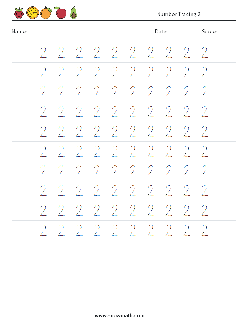 Number Tracing 2 Math Worksheets 2