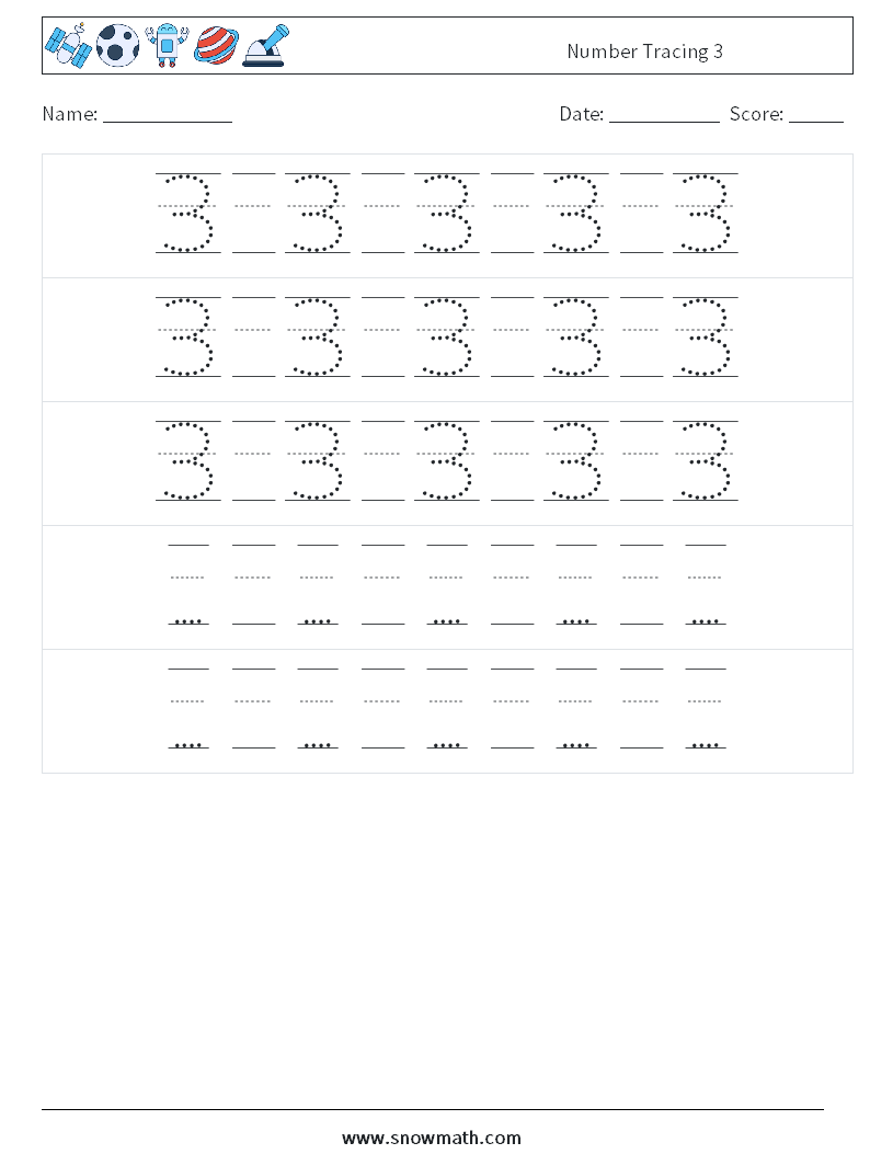 Number Tracing 3 Math Worksheets 24