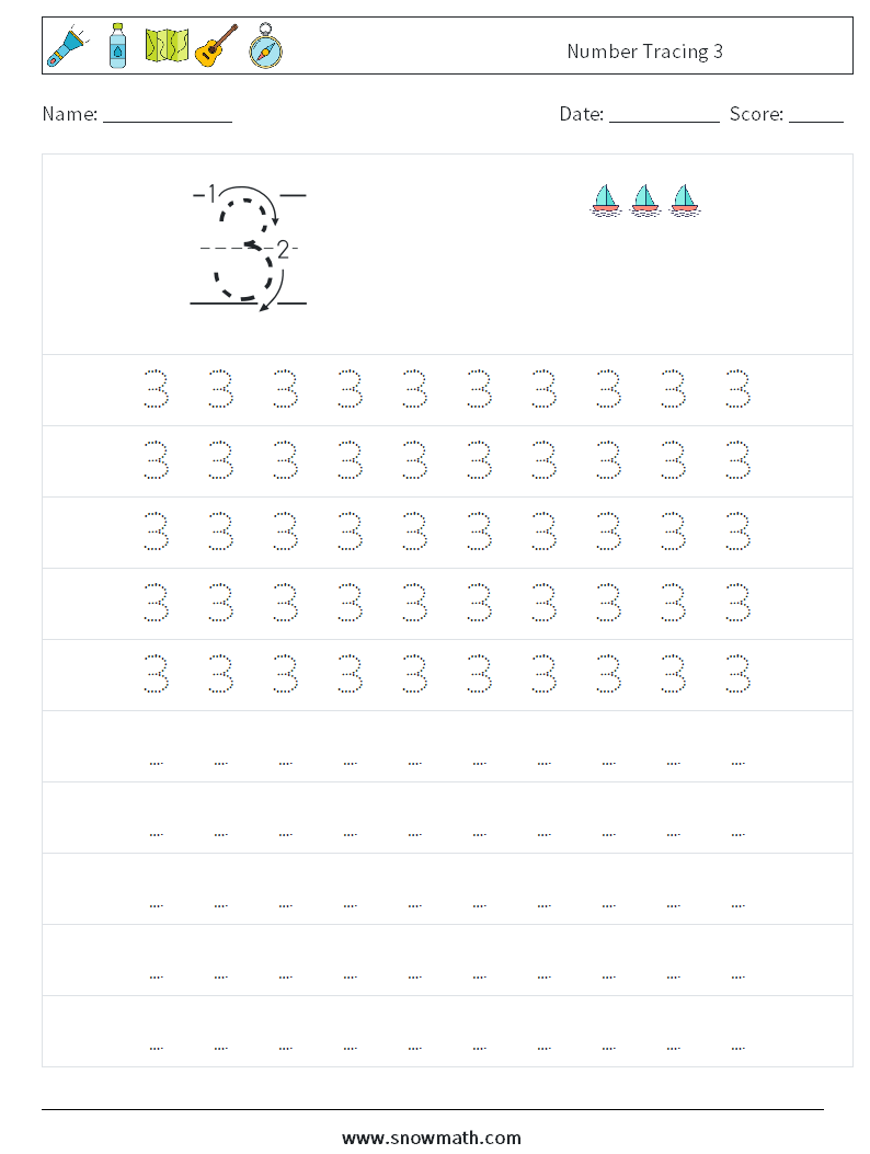 Number Tracing 3 Math Worksheets 3