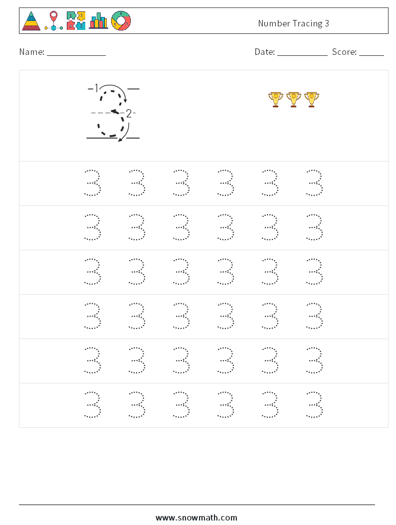 Number Tracing 3 Math Worksheets 5