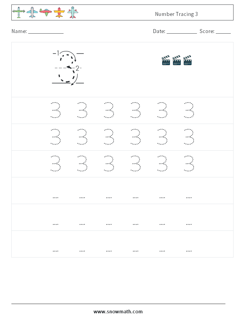 Number Tracing 3 Math Worksheets 7