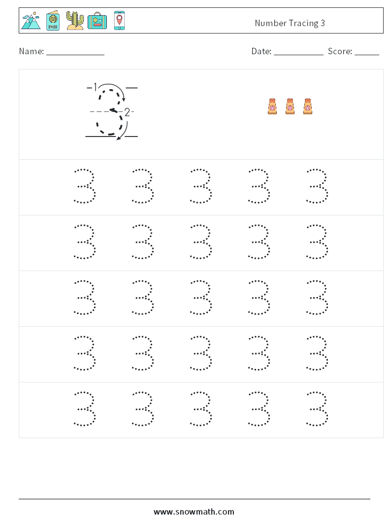 Number Tracing 3 Math Worksheets 9