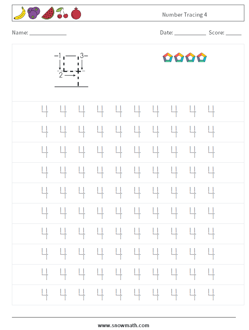 Number Tracing 4 Math Worksheets 1