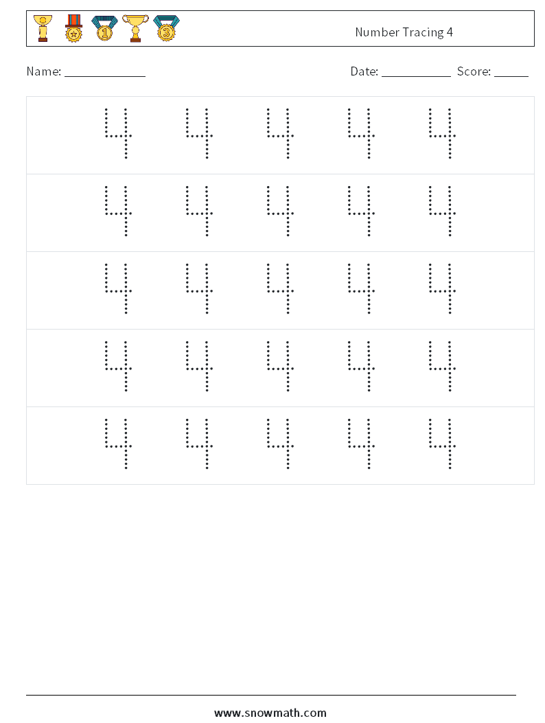 Number Tracing 4 Math Worksheets 10