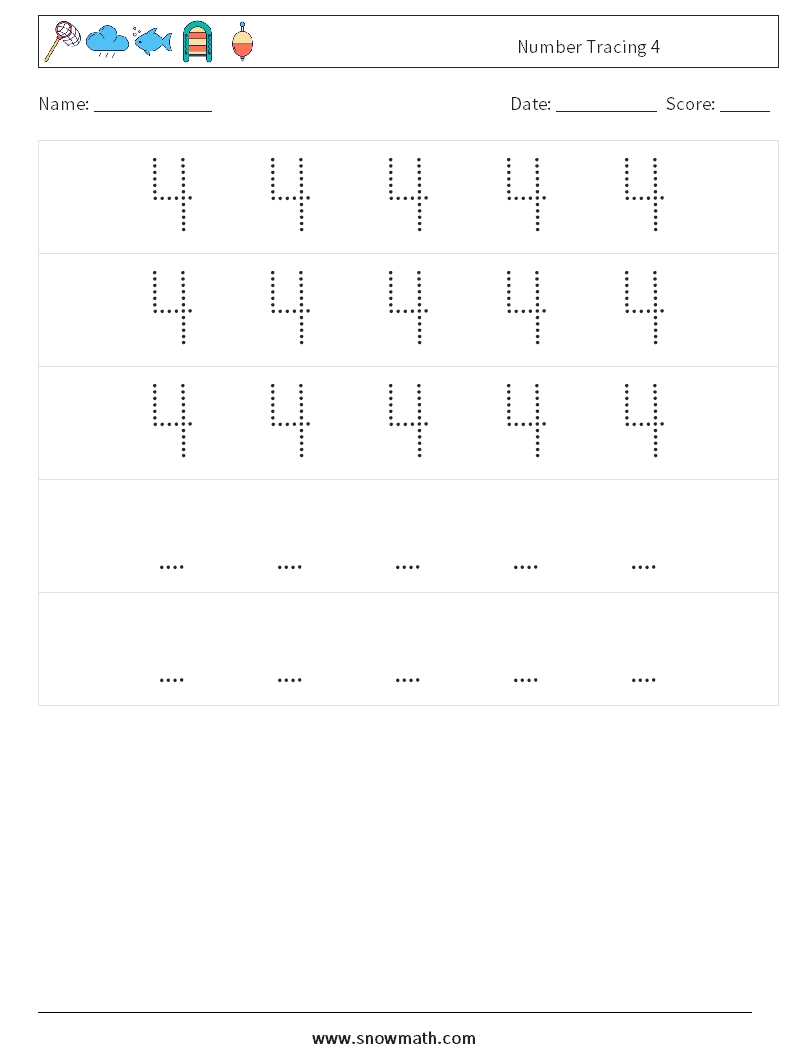 Number Tracing 4 Math Worksheets 12