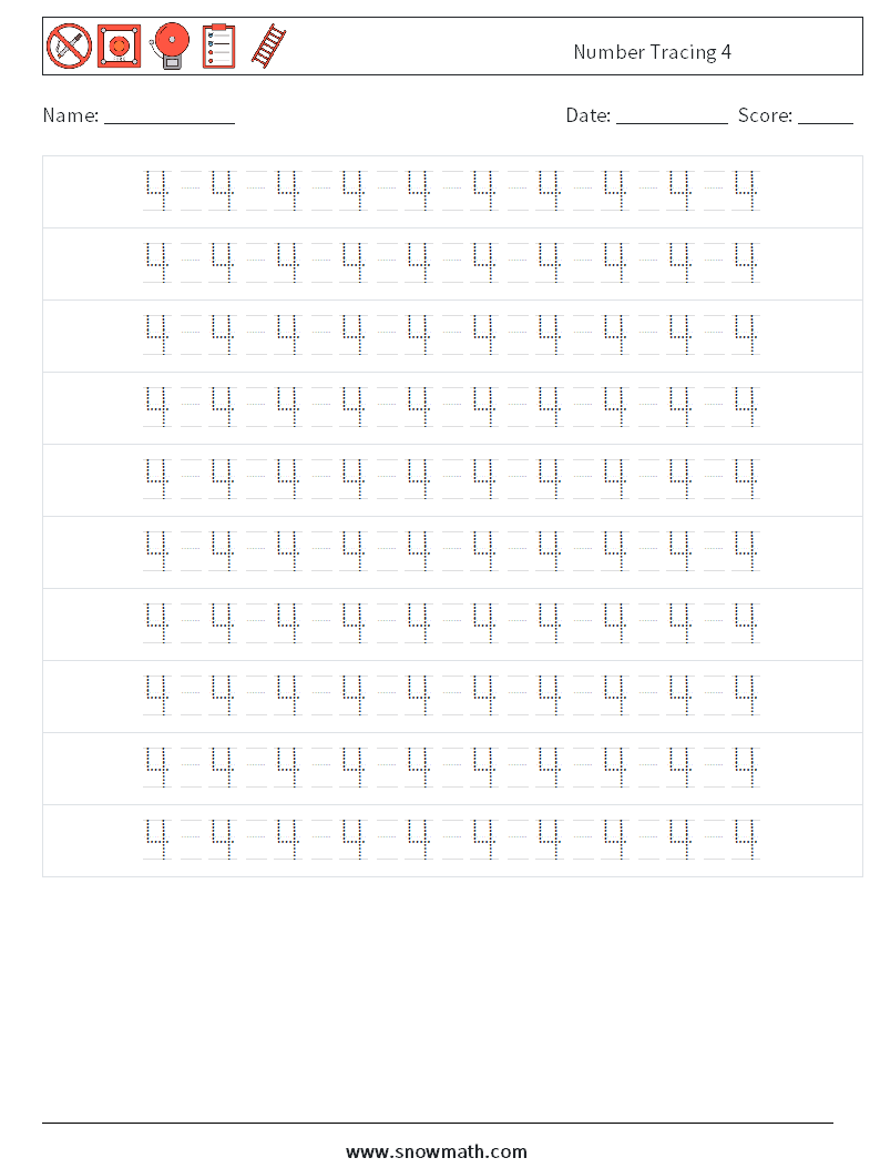 Number Tracing 4 Math Worksheets 14