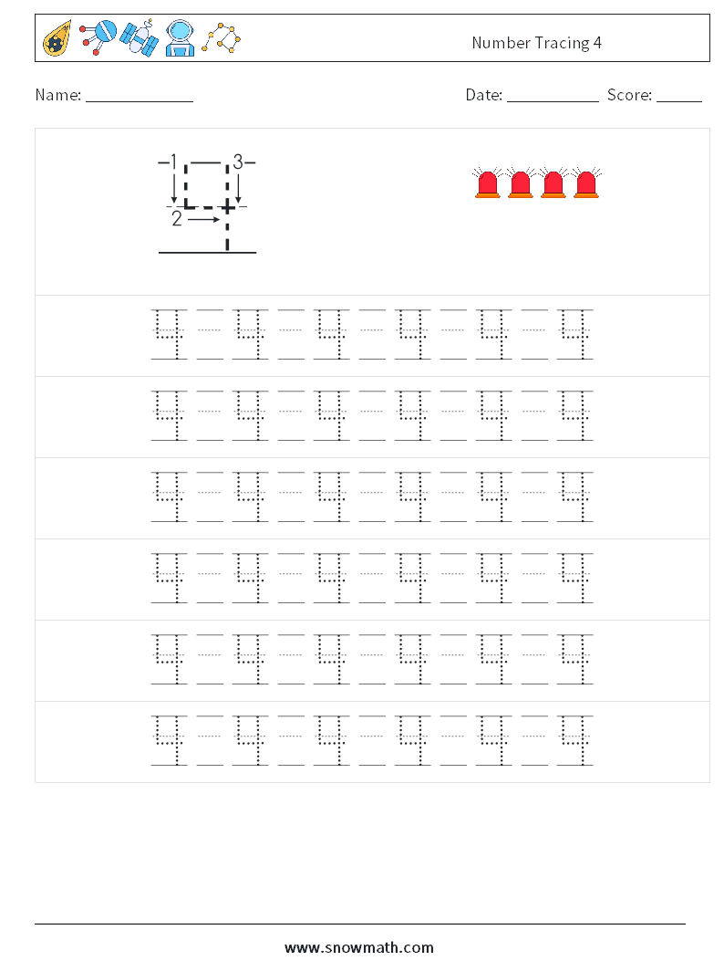 Number Tracing 4 Math Worksheets 17