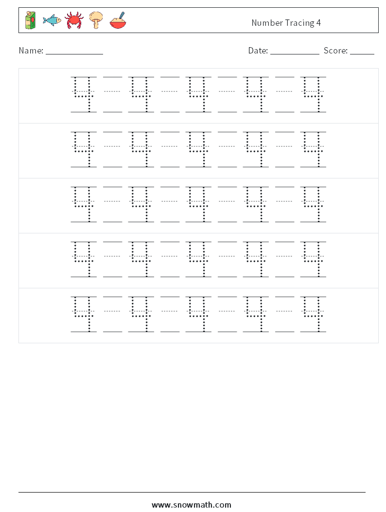 Number Tracing 4 Math Worksheets 22