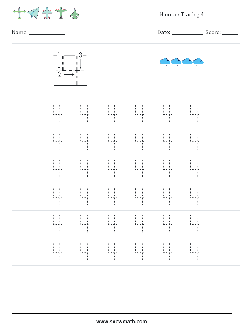 Number Tracing 4 Math Worksheets 5