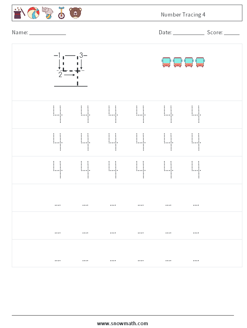 Number Tracing 4 Math Worksheets 7