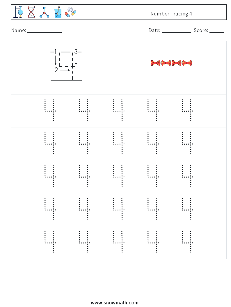 Number Tracing 4 Math Worksheets 9