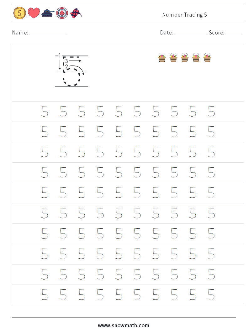 Number Tracing 5 Math Worksheets 1