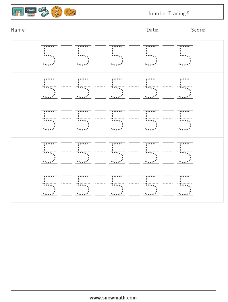 Number Tracing 5 Math Worksheets 22