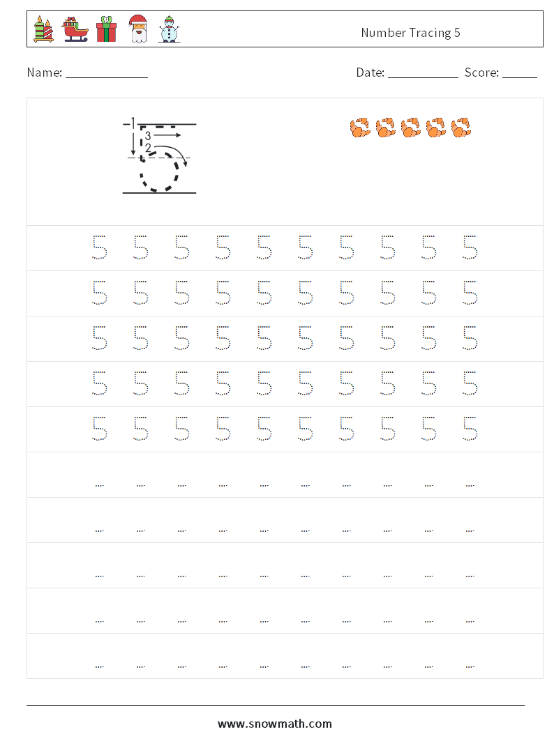 Number Tracing 5 Math Worksheets 3