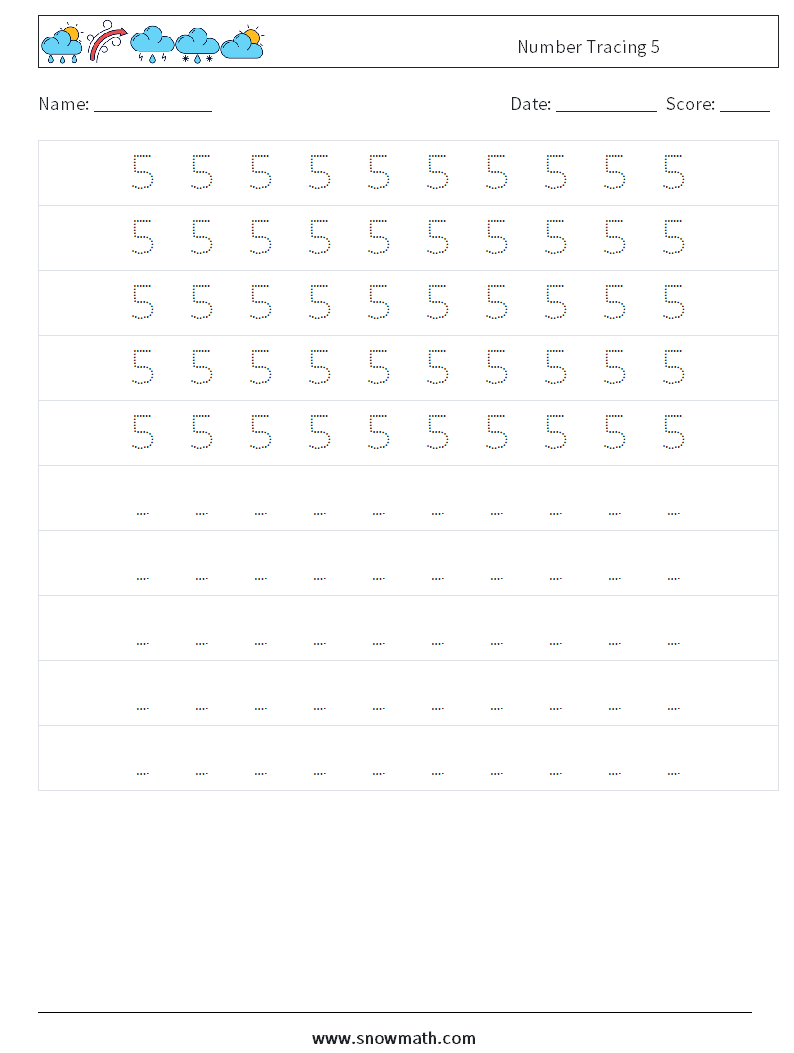 Number Tracing 5 Math Worksheets 4