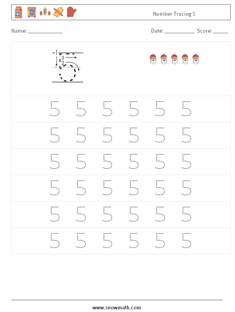 Number Tracing 5 Math Worksheets 5