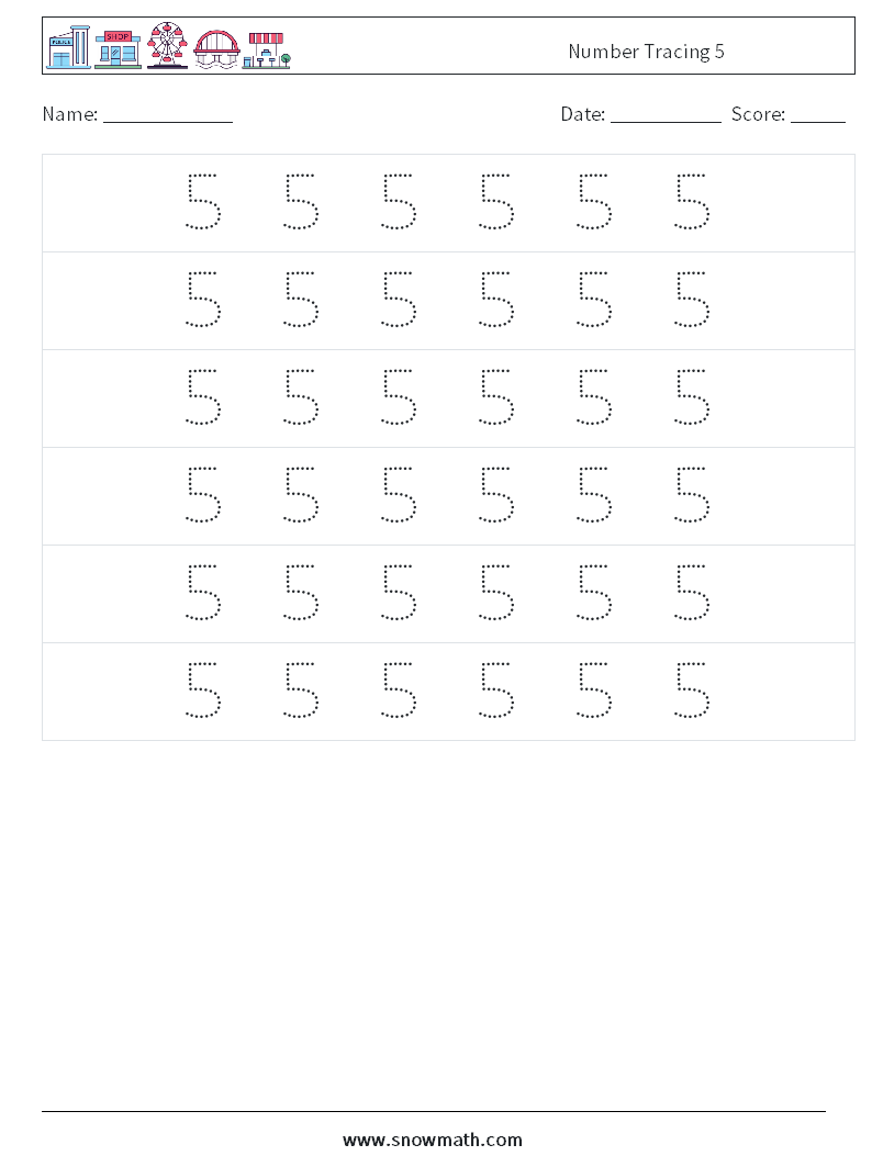 Number Tracing 5 Math Worksheets 6