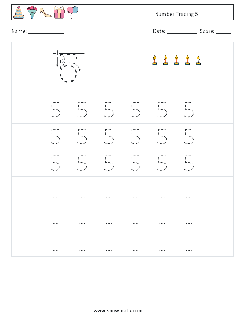 Number Tracing 5 Math Worksheets 7