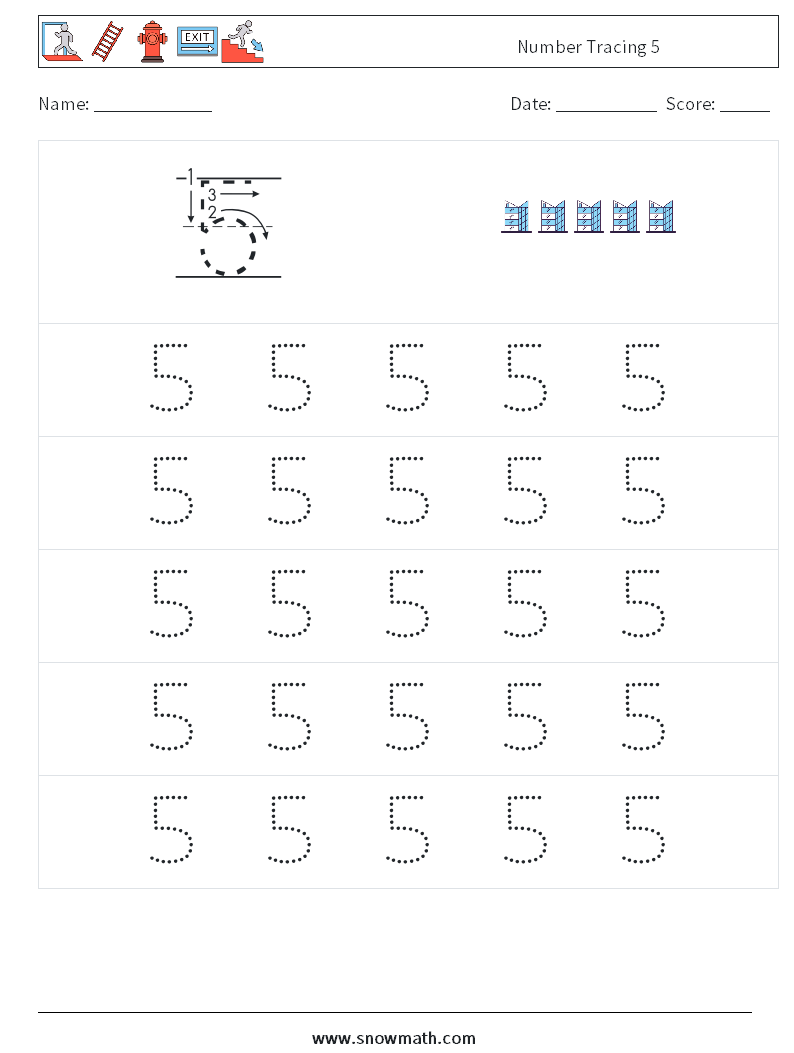 Number Tracing 5 Math Worksheets 9