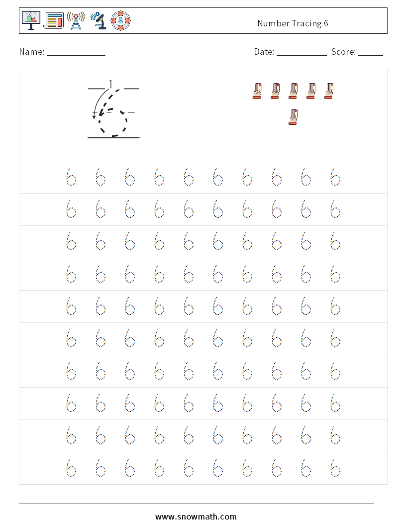 Number Tracing 6 Math Worksheets 1