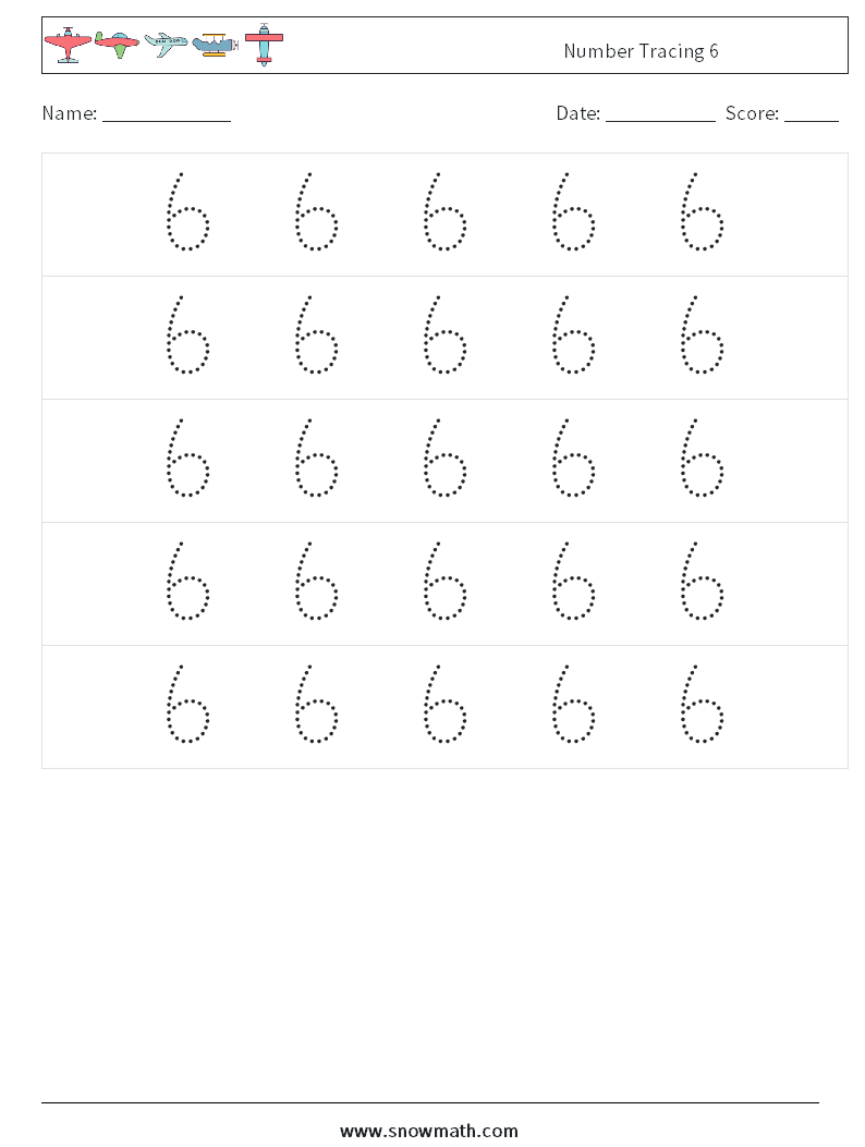 Number Tracing 6 Math Worksheets 10