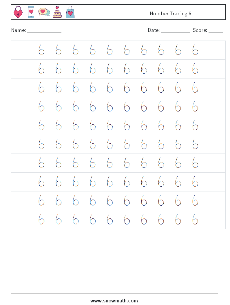 Number Tracing 6 Math Worksheets 2