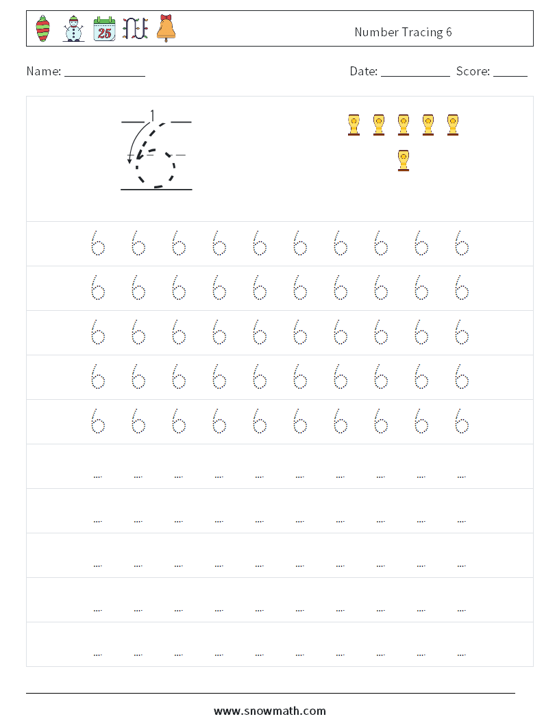 Number Tracing 6 Math Worksheets 3