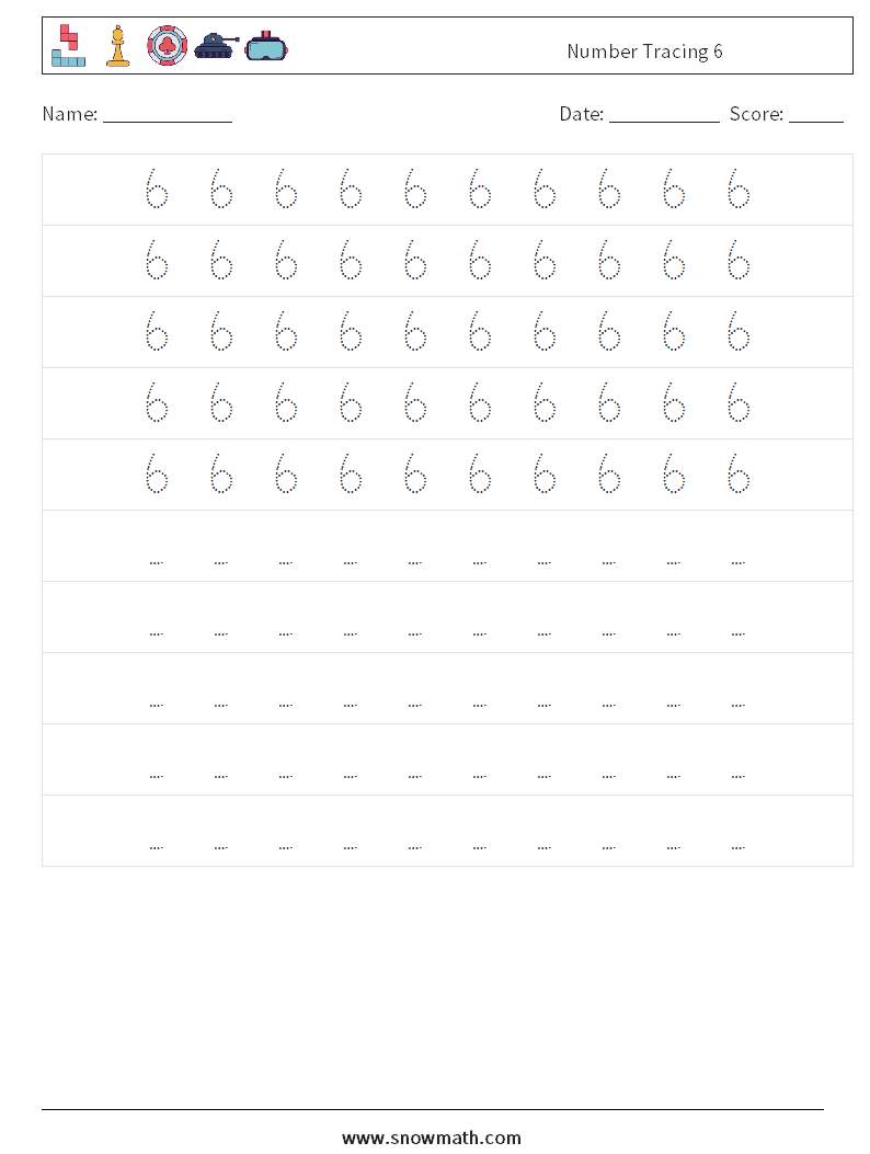 Number Tracing 6 Math Worksheets 4