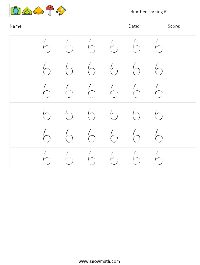 Number Tracing 6 Math Worksheets 6