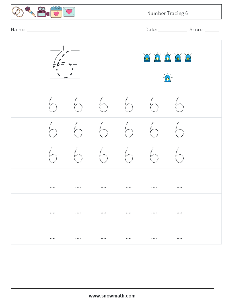 Number Tracing 6 Math Worksheets 7